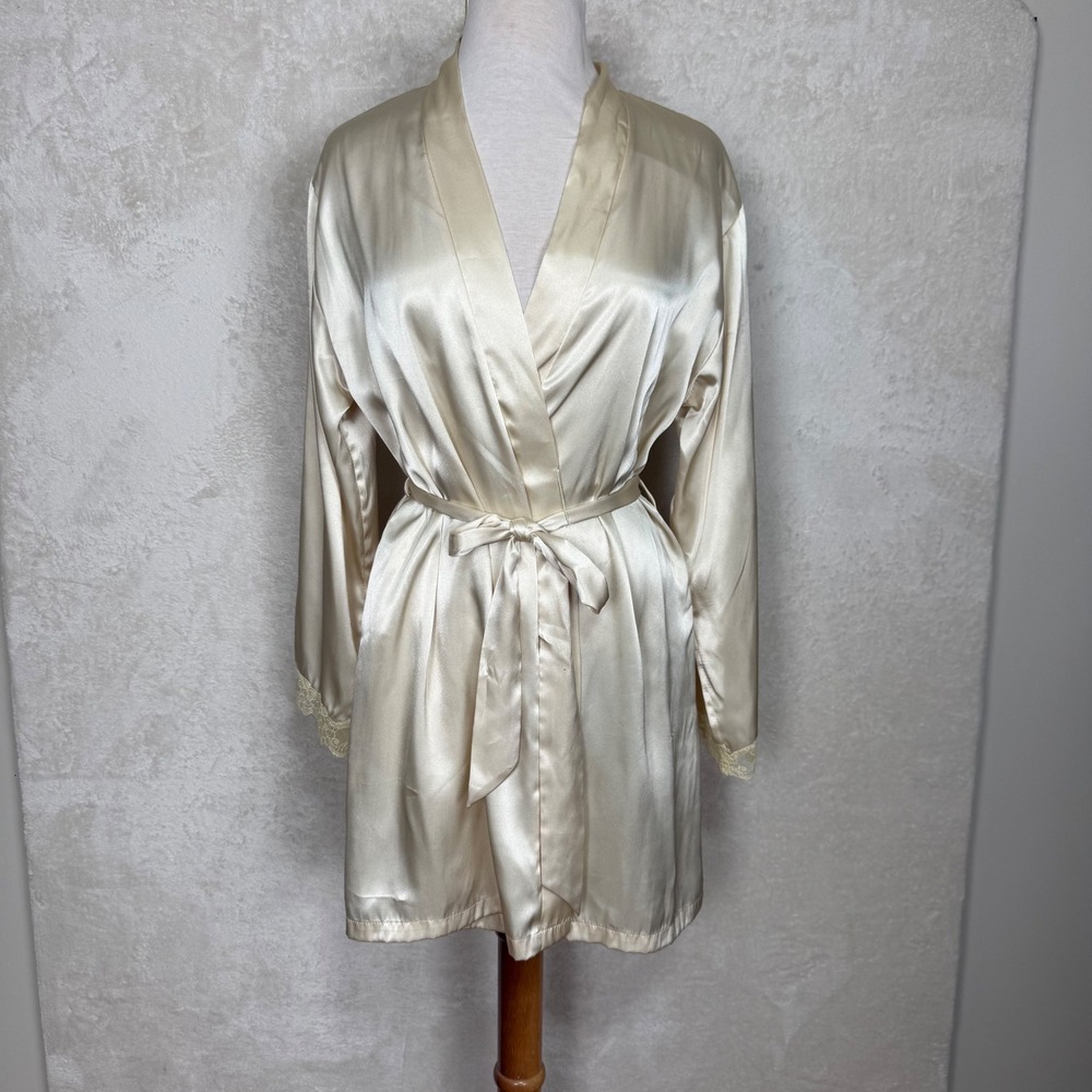 Jones New York Ivory Satin Lace Trim Robe Coquette Bridal Loungewear L/XL